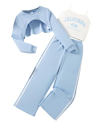 Girls 3 Piece Outfits Long Sleeve Crop Shirts & Cami Tops & Sweatpants Sets Fall Clothes Size 8-12Y
