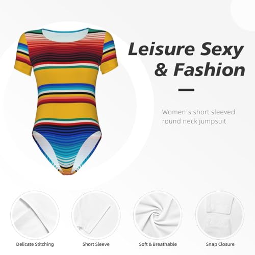 Serape Rainbow Stripes Mexican Pattern Women’s Short Sleeve Bodysuit Round Neck Onesie Stretchy One-Piece Jumpsuit