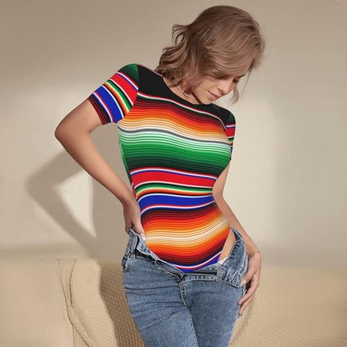 Serape Rainbow Stripes Mexican Pattern Women’s Short Sleeve Bodysuit Round Neck Onesie Stretchy One-Piece Jumpsuit