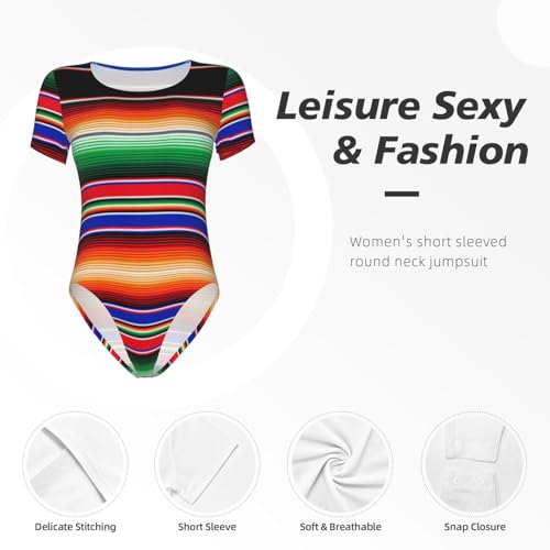 Serape Rainbow Stripes Mexican Pattern Women’s Short Sleeve Bodysuit Round Neck Onesie Stretchy One-Piece Jumpsuit