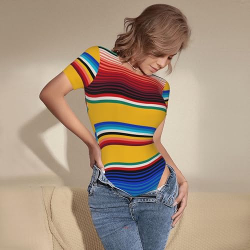Serape Rainbow Stripes Mexican Pattern Women’s Short Sleeve Bodysuit Round Neck Onesie Stretchy One-Piece Jumpsuit