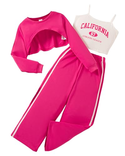 Girls 3 Piece Outfits Long Sleeve Crop Shirts & Cami Tops & Sweatpants Sets Fall Clothes Size 8-12Y