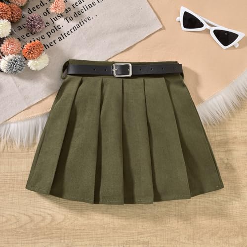 HINTINA Toddler Little Girl Sleeveless Button Vest Ribbed Long Sleeve Collar Top And Pleated Skirt With Belt