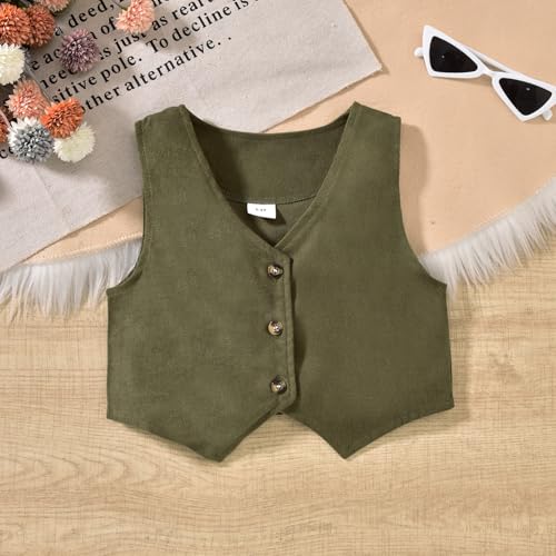 HINTINA Toddler Little Girl Sleeveless Button Vest Ribbed Long Sleeve Collar Top And Pleated Skirt With Belt