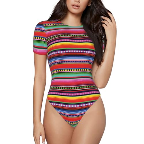 Serape Rainbow Stripes Mexican Pattern Women’s Short Sleeve Bodysuit Round Neck Onesie Stretchy One-Piece Jumpsuit