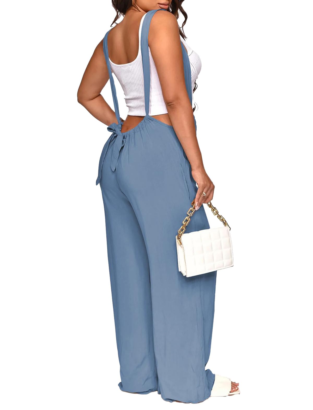Nimsruc Womens Jumpsuit Casual Loose Sleeveless Adjustable Spaghetti Straps Wide Leg Pants Baggy Overalls With Pockets