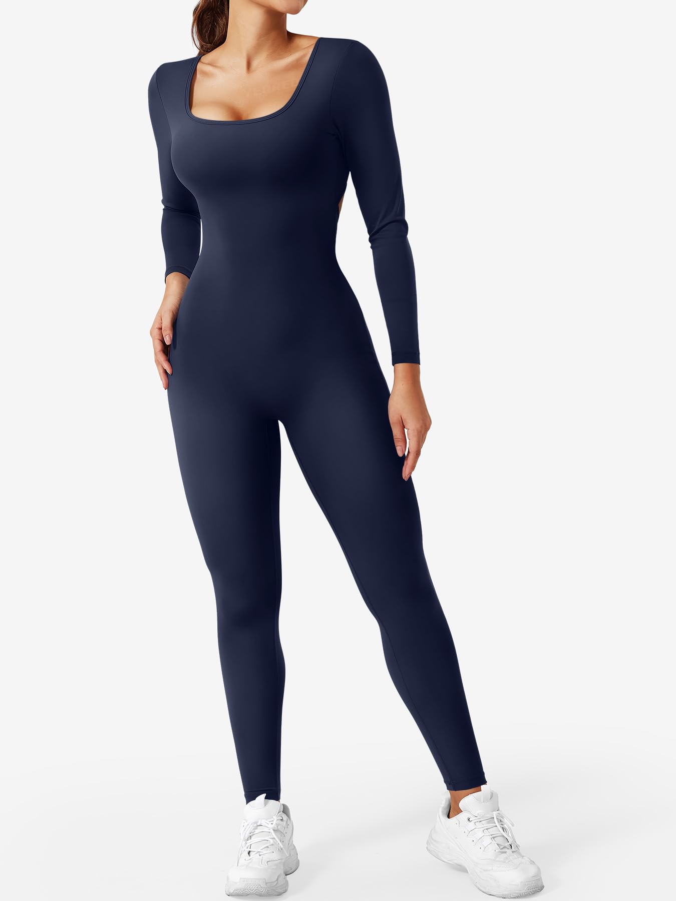 YEOREO Long Sleeve Jumpsuits for Women V Back Bodysuit Workout Full Length Bodycon Scrunch Leggings One Piece Romper