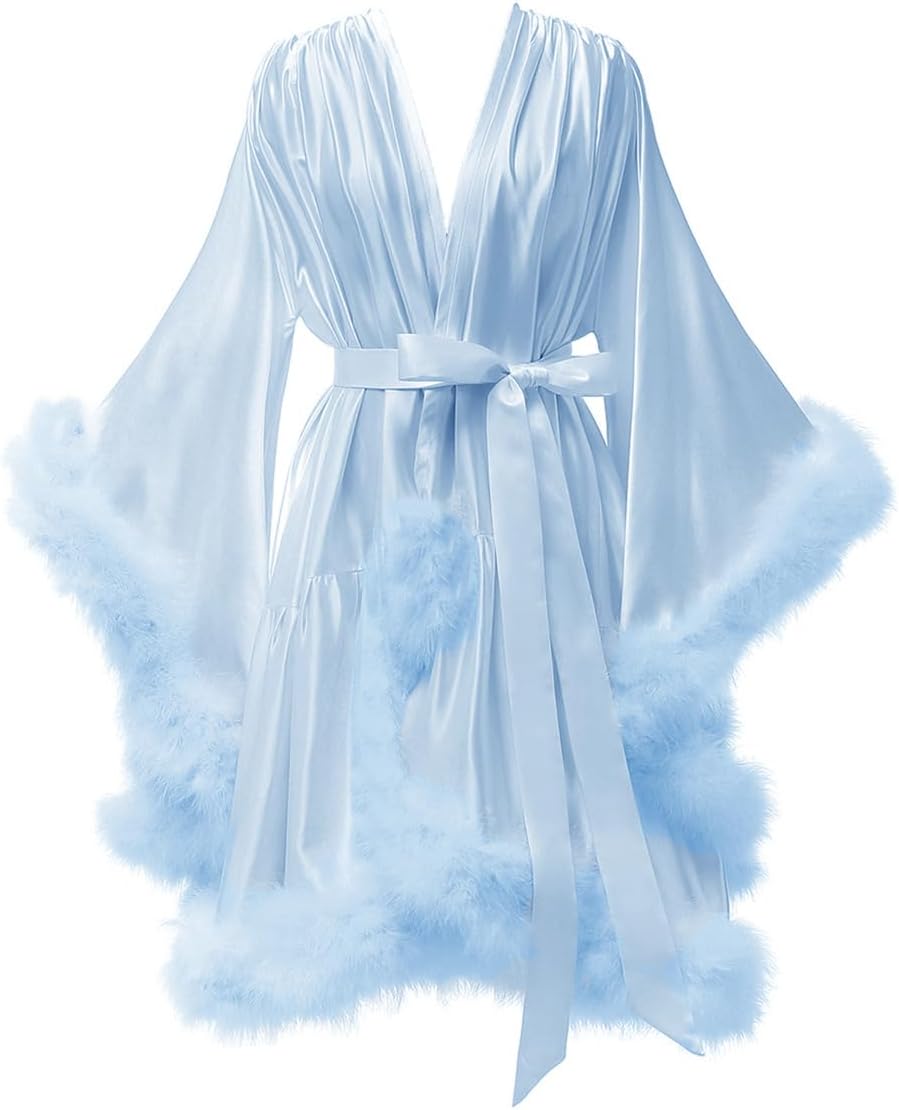 Yexinbridal Feather Fur Robe Silk Satin Bridal Dressing Gown Sexy Illusion Lingerie Nightgown Bathrobe Sleepwear