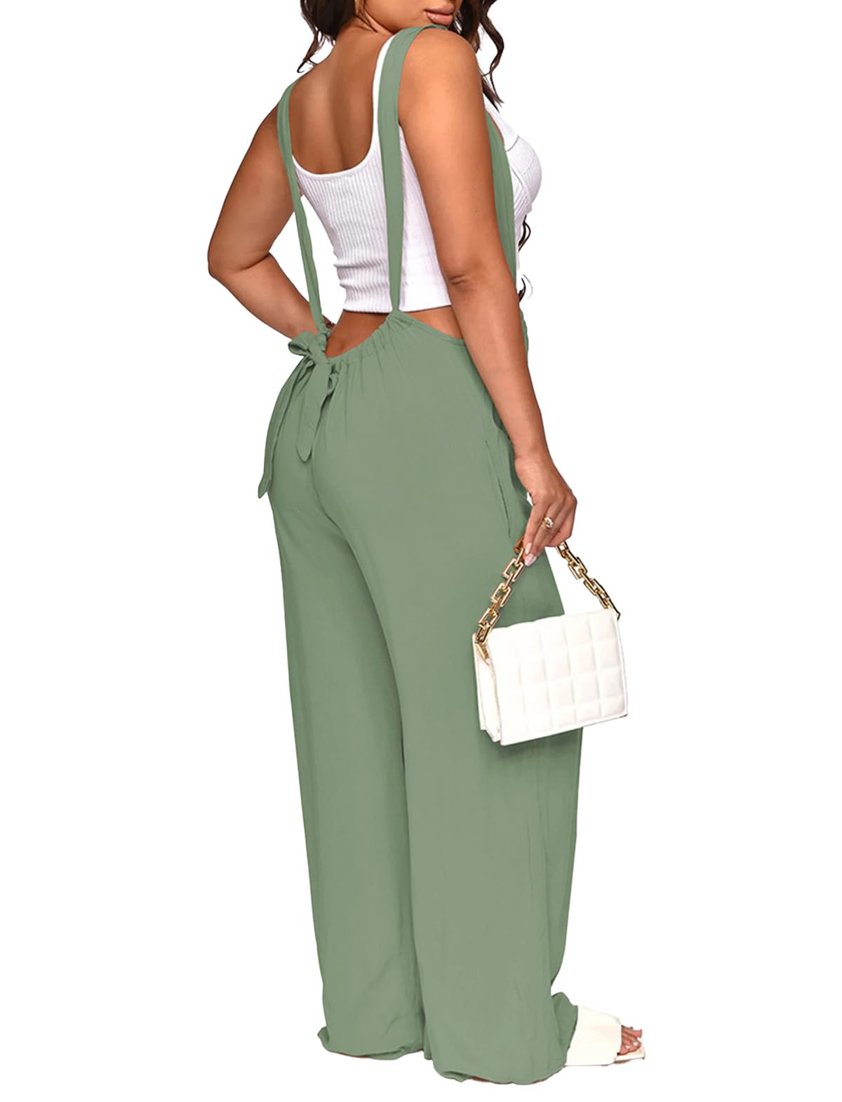 Nimsruc Womens Jumpsuit Casual Loose Sleeveless Adjustable Spaghetti Straps Wide Leg Pants Baggy Overalls With Pockets