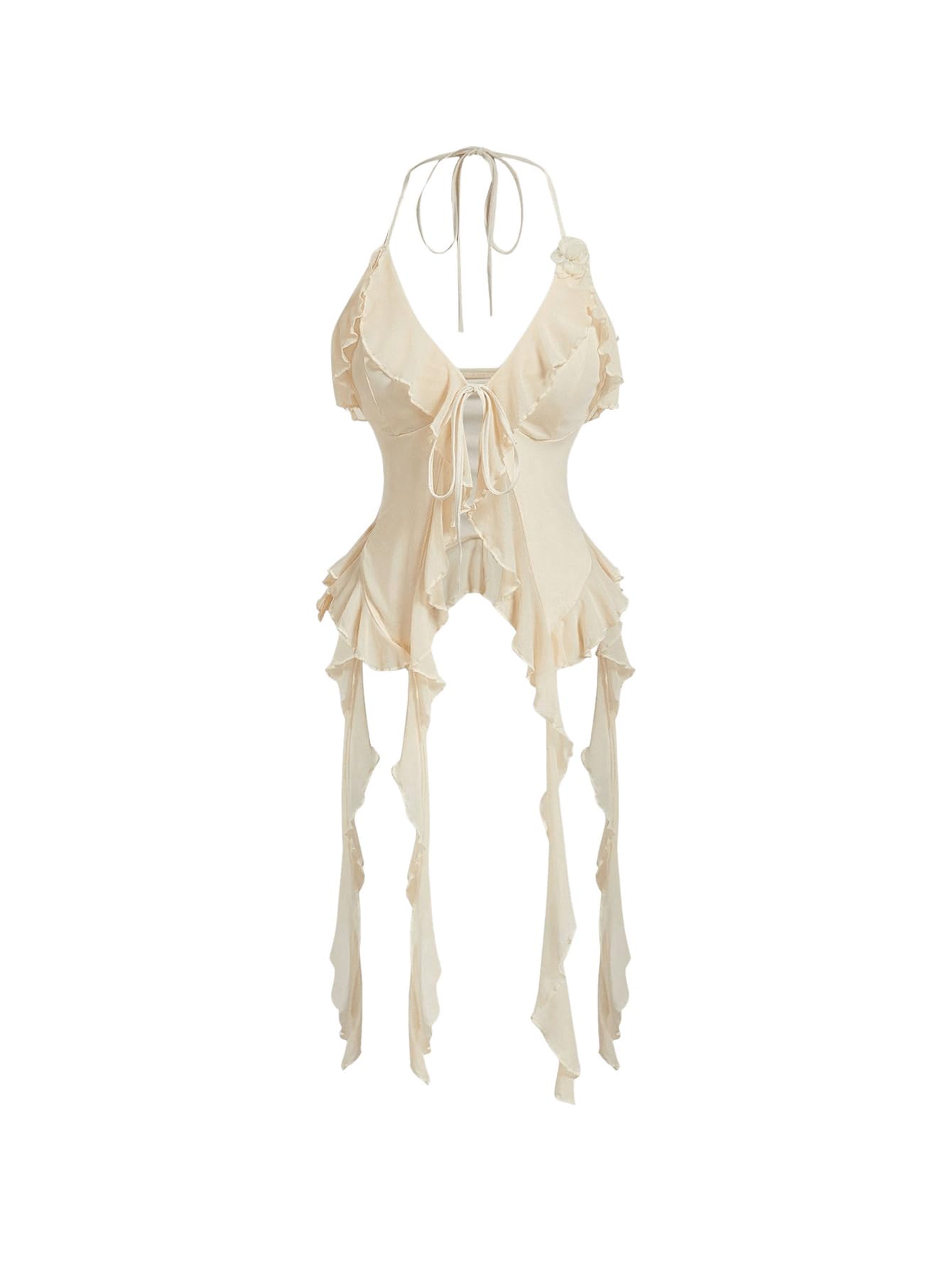 WDIRARA Women's 3D Flower Tie Front Ruffle Trim Halter Top Tie Backless Camisole