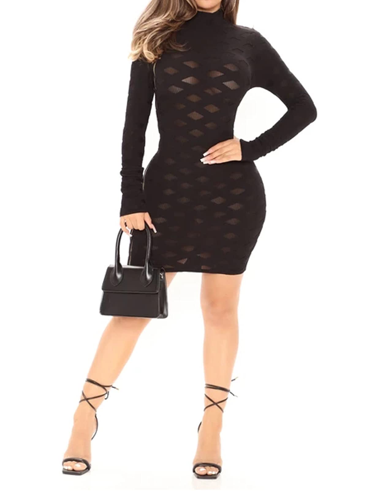 Uni Clau Women Sexy Sheer Mesh Boydcon Midi Dress See Through Printed Long Sleeve Midi Skinny Clubwear Party Dress