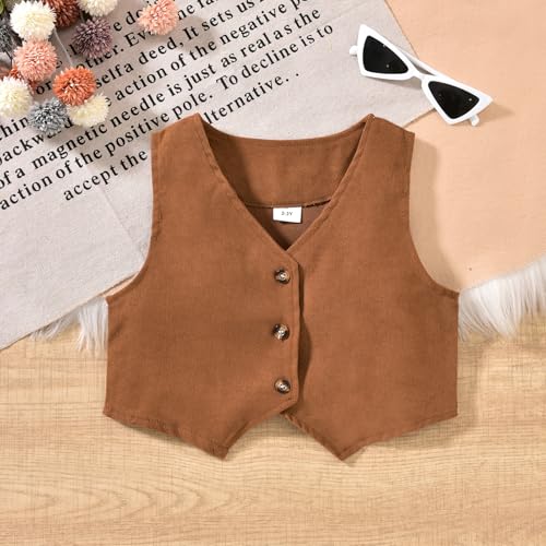HINTINA Toddler Little Girl Sleeveless Button Vest Ribbed Long Sleeve Collar Top And Pleated Skirt With Belt