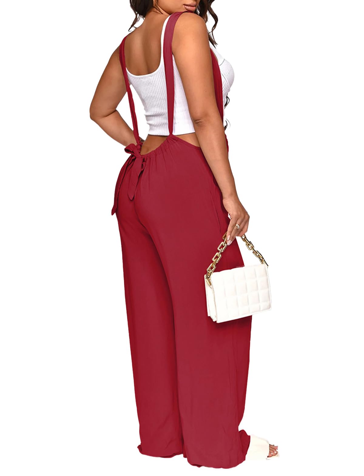 Nimsruc Womens Jumpsuit Casual Loose Sleeveless Adjustable Spaghetti Straps Wide Leg Pants Baggy Overalls With Pockets