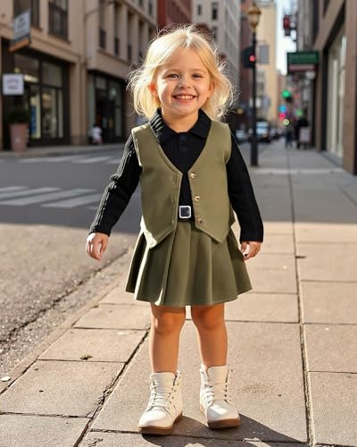 HINTINA Toddler Little Girl Sleeveless Button Vest Ribbed Long Sleeve Collar Top And Pleated Skirt With Belt