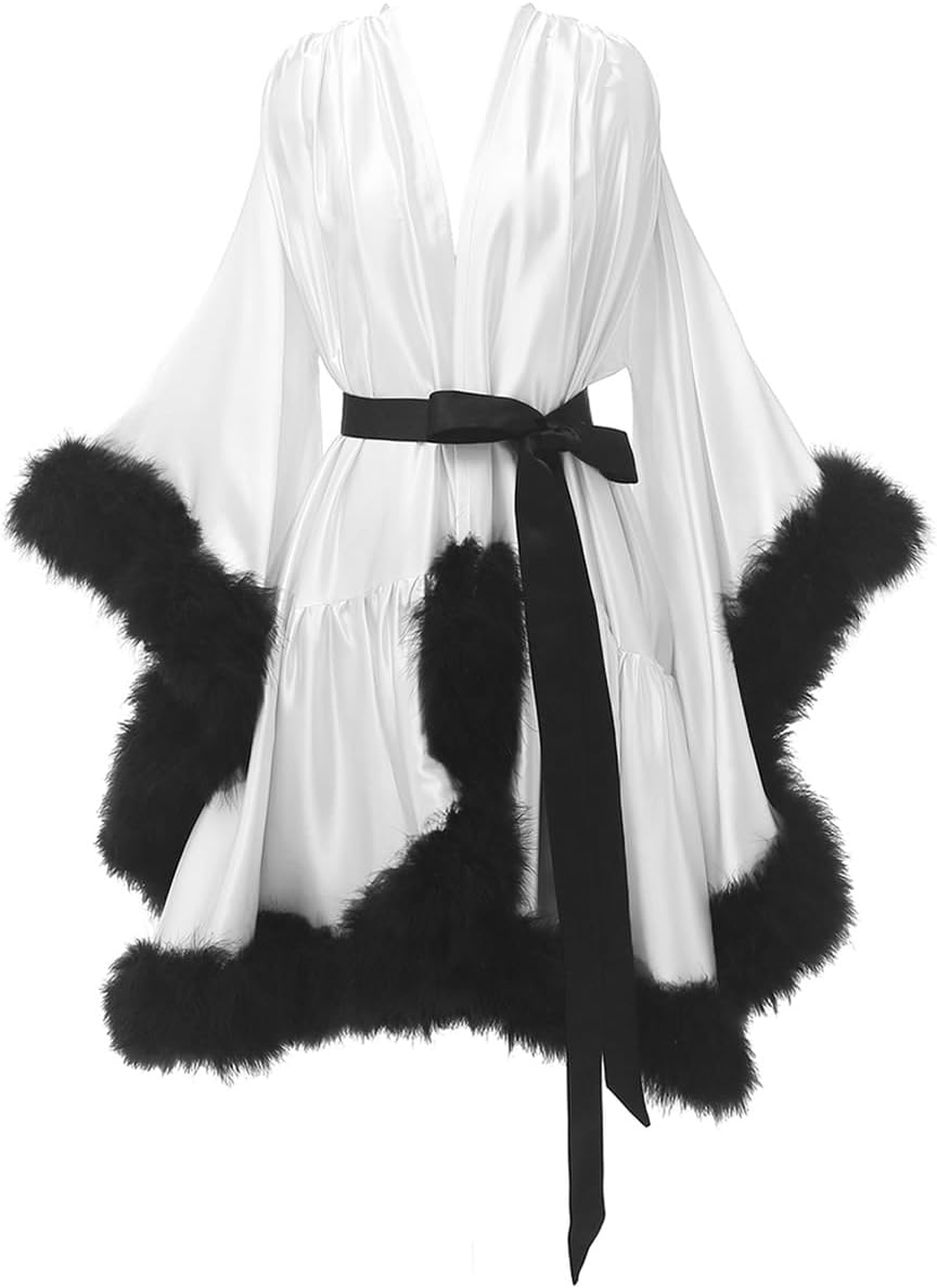 Yexinbridal Feather Fur Robe Silk Satin Bridal Dressing Gown Sexy Illusion Lingerie Nightgown Bathrobe Sleepwear