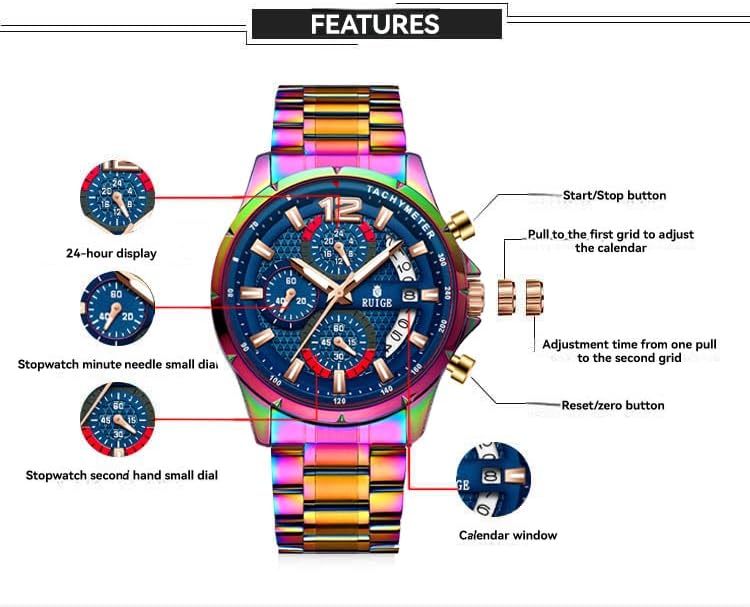 RUIGE Sports Chronograph Colorful Series Multi Functional Men's Quartz Watch Stainless Steel Material Men's Night Light Waterproof Fashion Trend Watch Diameter 42MM N3-3