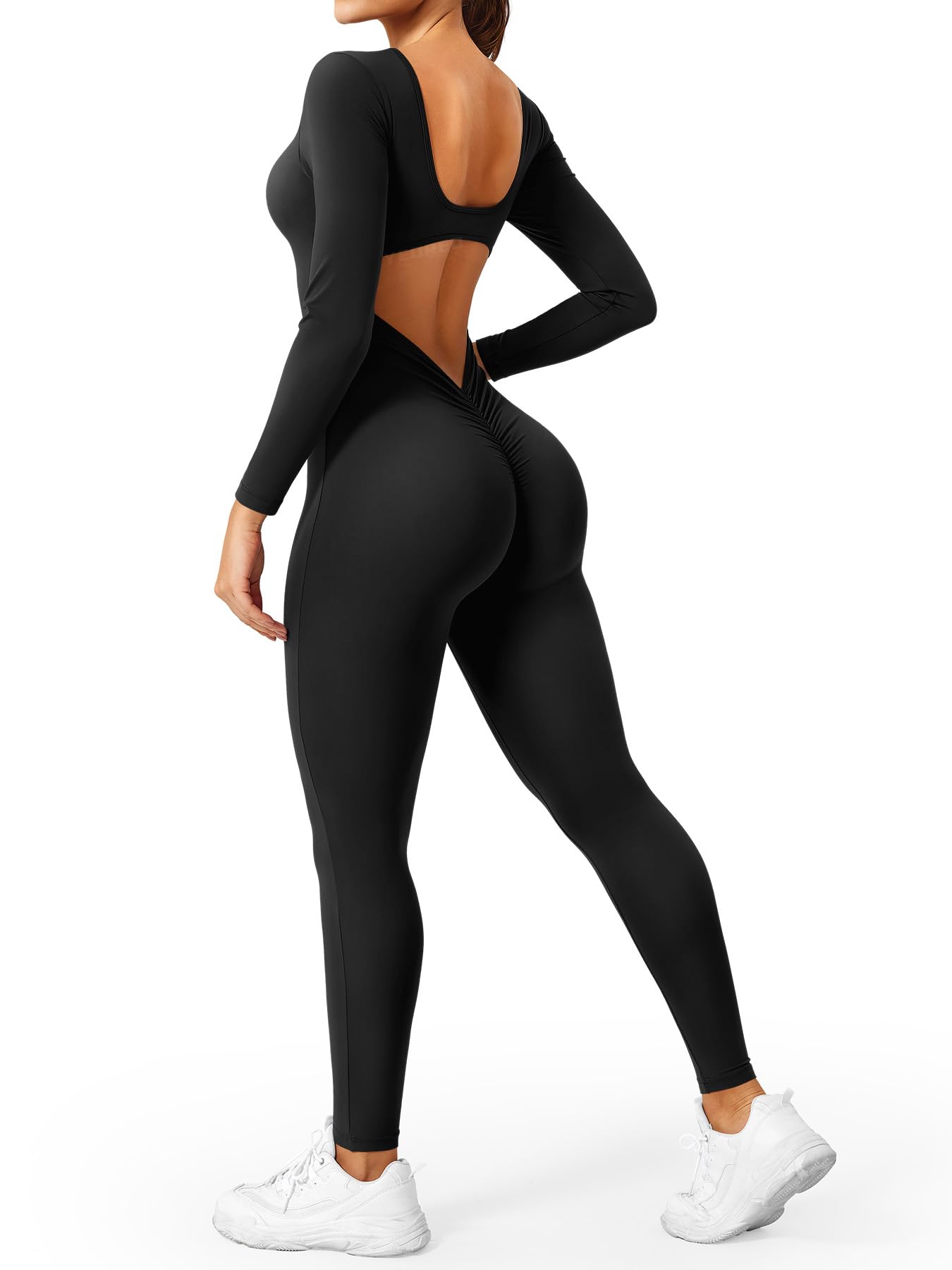 YEOREO Long Sleeve Jumpsuits for Women V Back Bodysuit Workout Full Length Bodycon Scrunch Leggings One Piece Romper