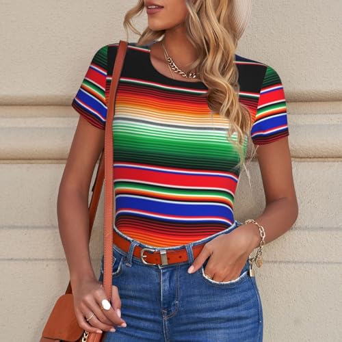Serape Rainbow Stripes Mexican Pattern Women’s Short Sleeve Bodysuit Round Neck Onesie Stretchy One-Piece Jumpsuit