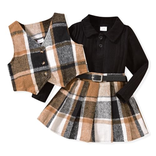 HINTINA Toddler Little Girl Sleeveless Button Vest Ribbed Long Sleeve Collar Top And Pleated Skirt With Belt