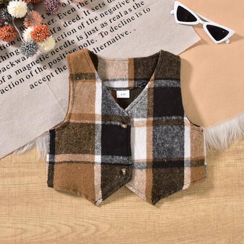 HINTINA Toddler Little Girl Sleeveless Button Vest Ribbed Long Sleeve Collar Top And Pleated Skirt With Belt
