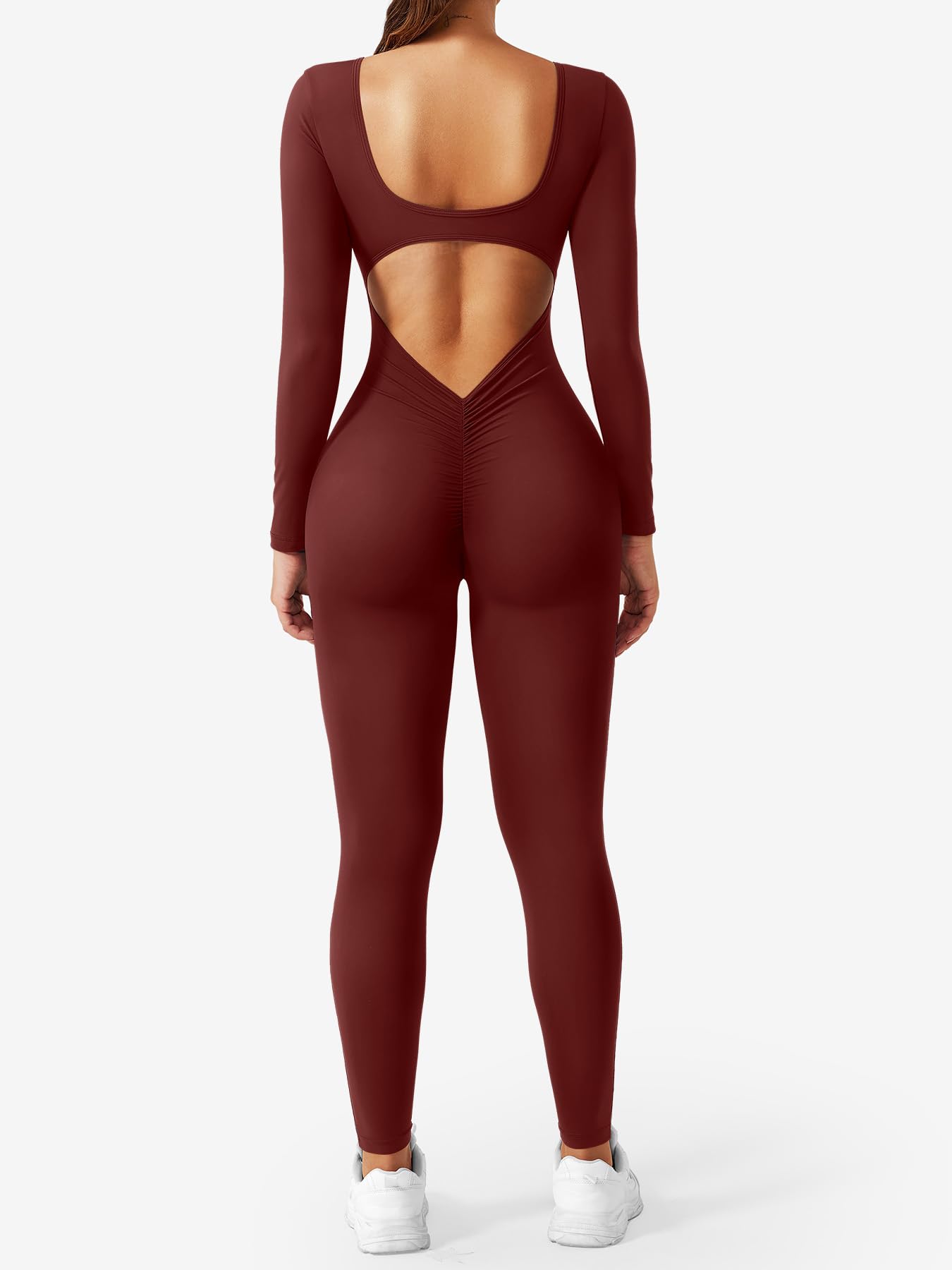 YEOREO Long Sleeve Jumpsuits for Women V Back Bodysuit Workout Full Length Bodycon Scrunch Leggings One Piece Romper