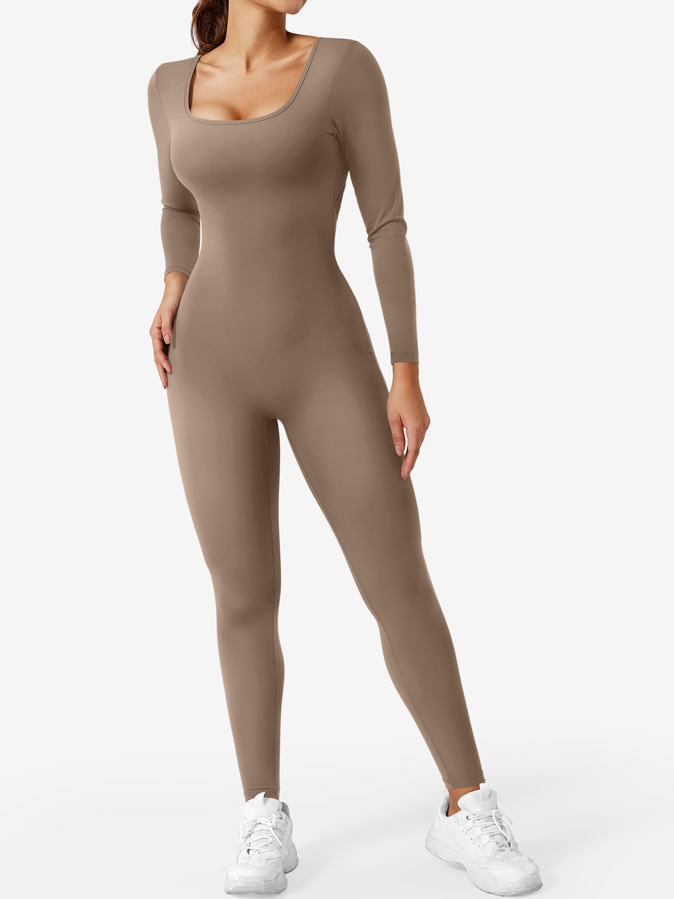 YEOREO Long Sleeve Jumpsuits for Women V Back Bodysuit Workout Full Length Bodycon Scrunch Leggings One Piece Romper