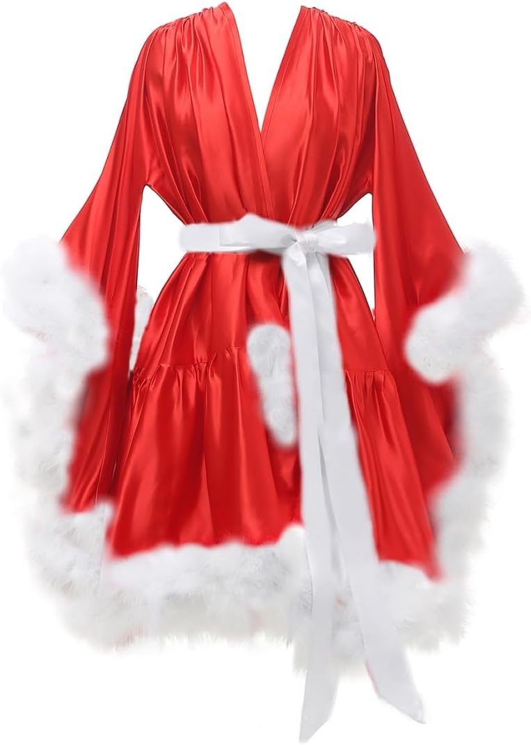 Yexinbridal Feather Fur Robe Silk Satin Bridal Dressing Gown Sexy Illusion Lingerie Nightgown Bathrobe Sleepwear