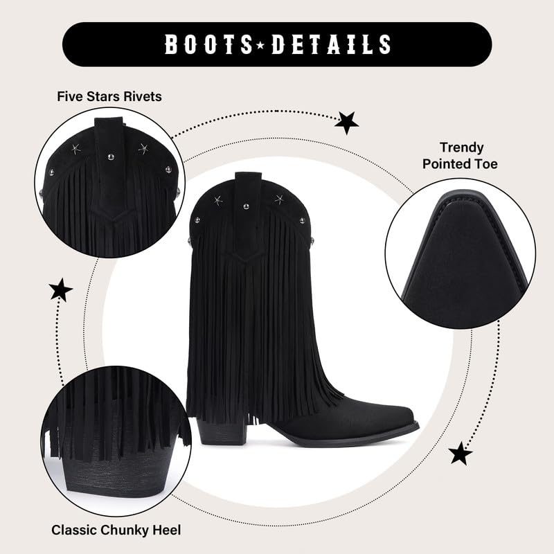 Fringe Cowboy Boots for Women – Mid Calf Cowgirl Boots with Star Studded, Pointed Toe and Chunky Heel, Perfect for Country Music Festivals
