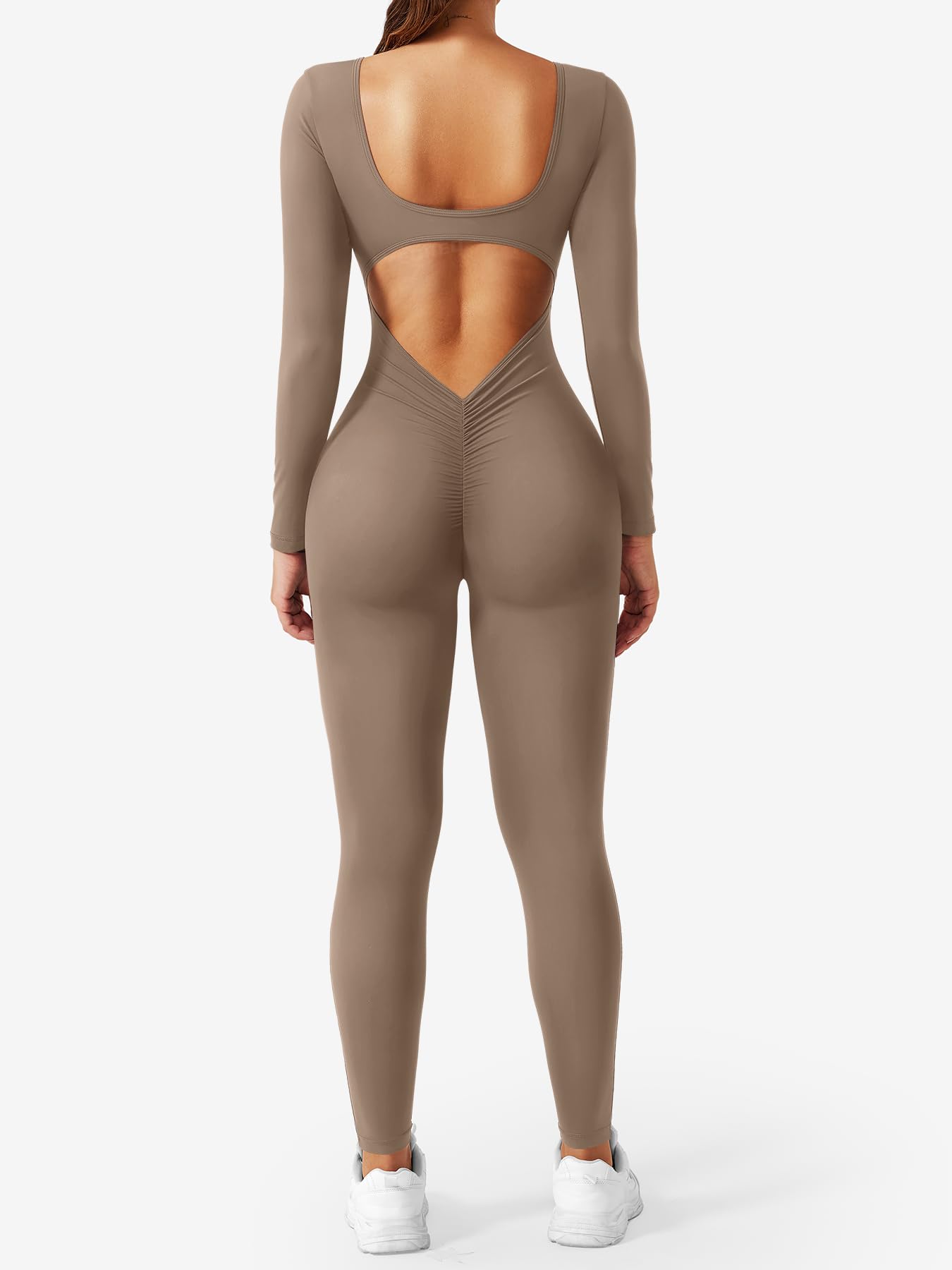 YEOREO Long Sleeve Jumpsuits for Women V Back Bodysuit Workout Full Length Bodycon Scrunch Leggings One Piece Romper