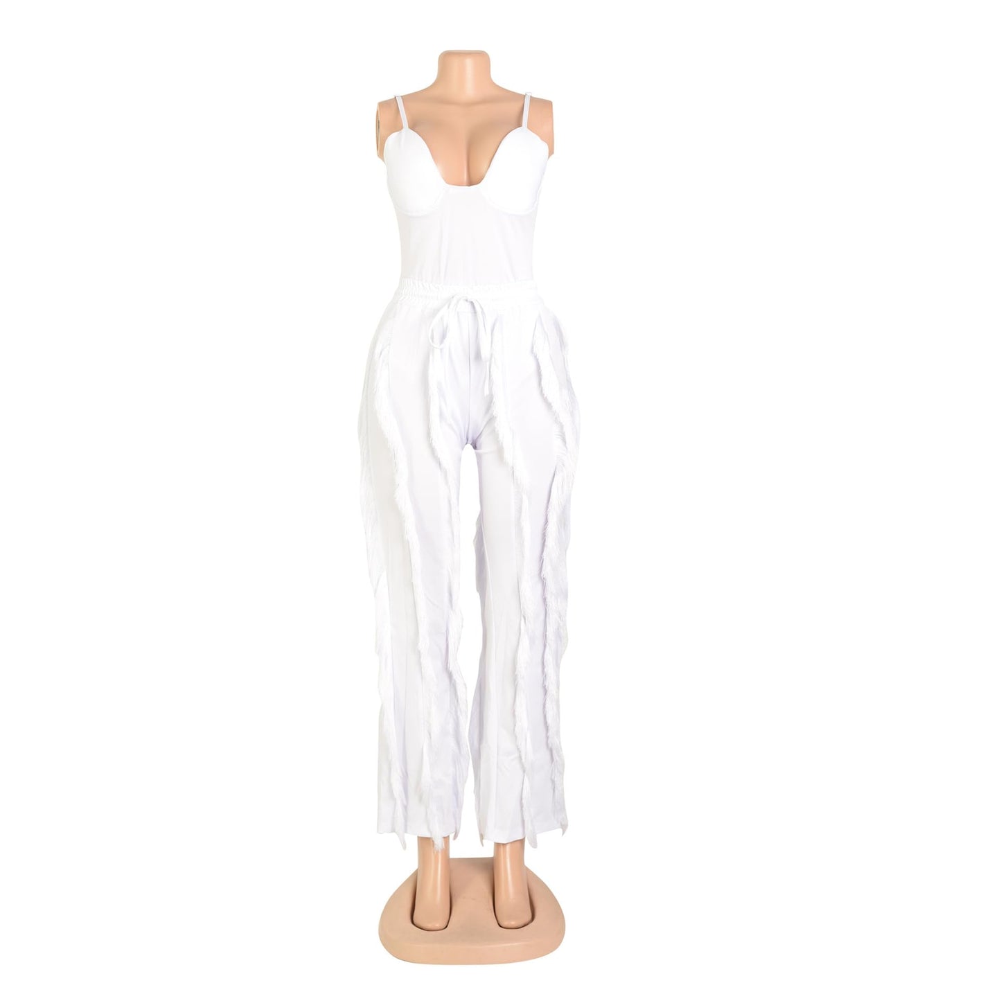 PRIVIMIX Women 2 Piece Outfits Fringe Tassel Long Pants Set Adjustable Suspenders Bodysuit Spaghetti Strap Clubwear Jumpsuits