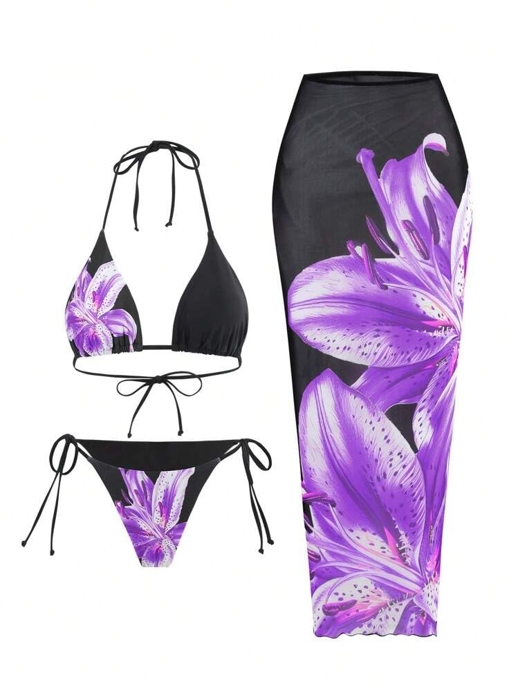 ZAFUL Womens 3pcs Swimsuit Floral Halter Triangle Bikini Top Tie Side Bottom with Long Sheer Cover Up Skirt