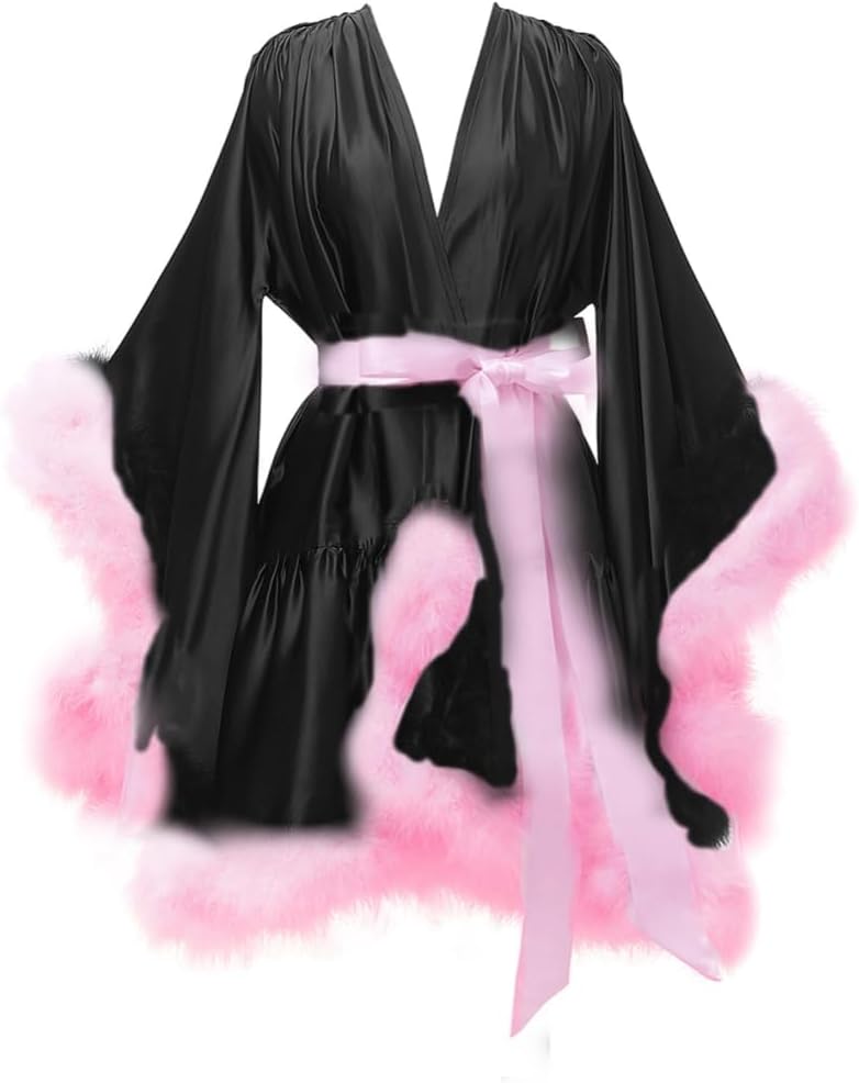 Yexinbridal Feather Fur Robe Silk Satin Bridal Dressing Gown Sexy Illusion Lingerie Nightgown Bathrobe Sleepwear