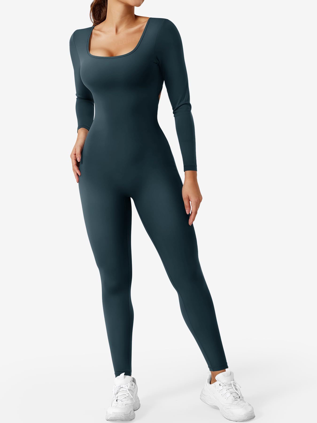 YEOREO Long Sleeve Jumpsuits for Women V Back Bodysuit Workout Full Length Bodycon Scrunch Leggings One Piece Romper