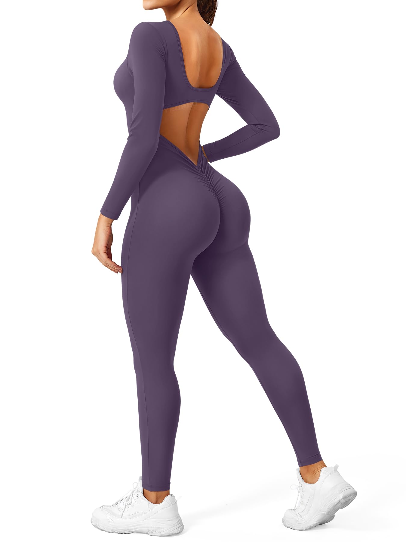 YEOREO Long Sleeve Jumpsuits for Women V Back Bodysuit Workout Full Length Bodycon Scrunch Leggings One Piece Romper
