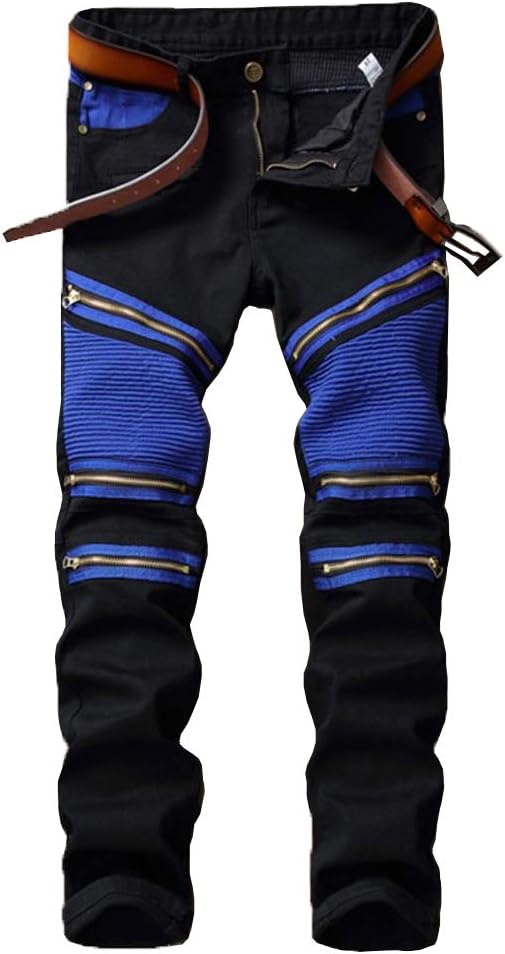 Enrica Men's Ripped Straight Slim Moto Biker Jeans