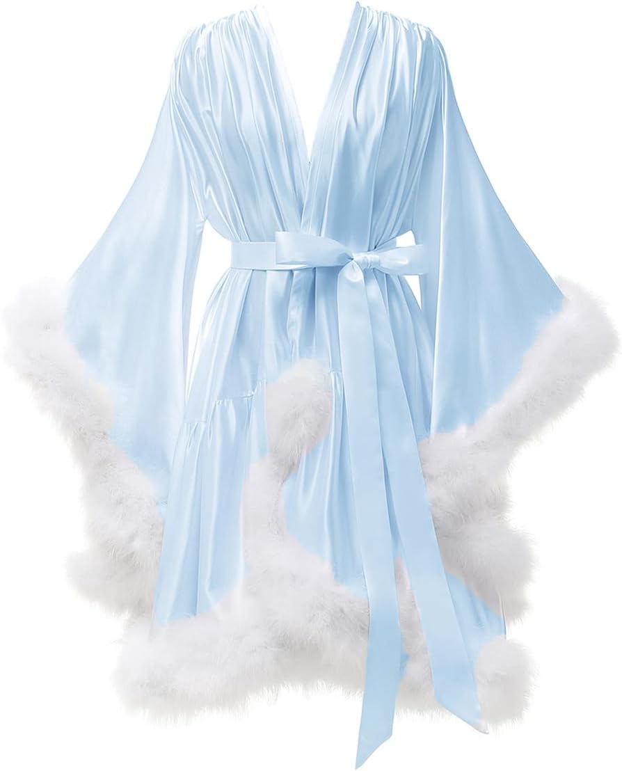 Yexinbridal Feather Fur Robe Silk Satin Bridal Dressing Gown Sexy Illusion Lingerie Nightgown Bathrobe Sleepwear