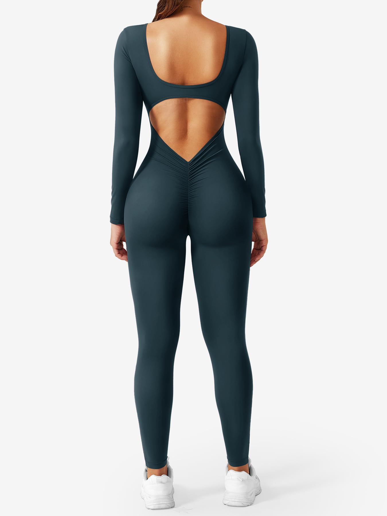 YEOREO Long Sleeve Jumpsuits for Women V Back Bodysuit Workout Full Length Bodycon Scrunch Leggings One Piece Romper