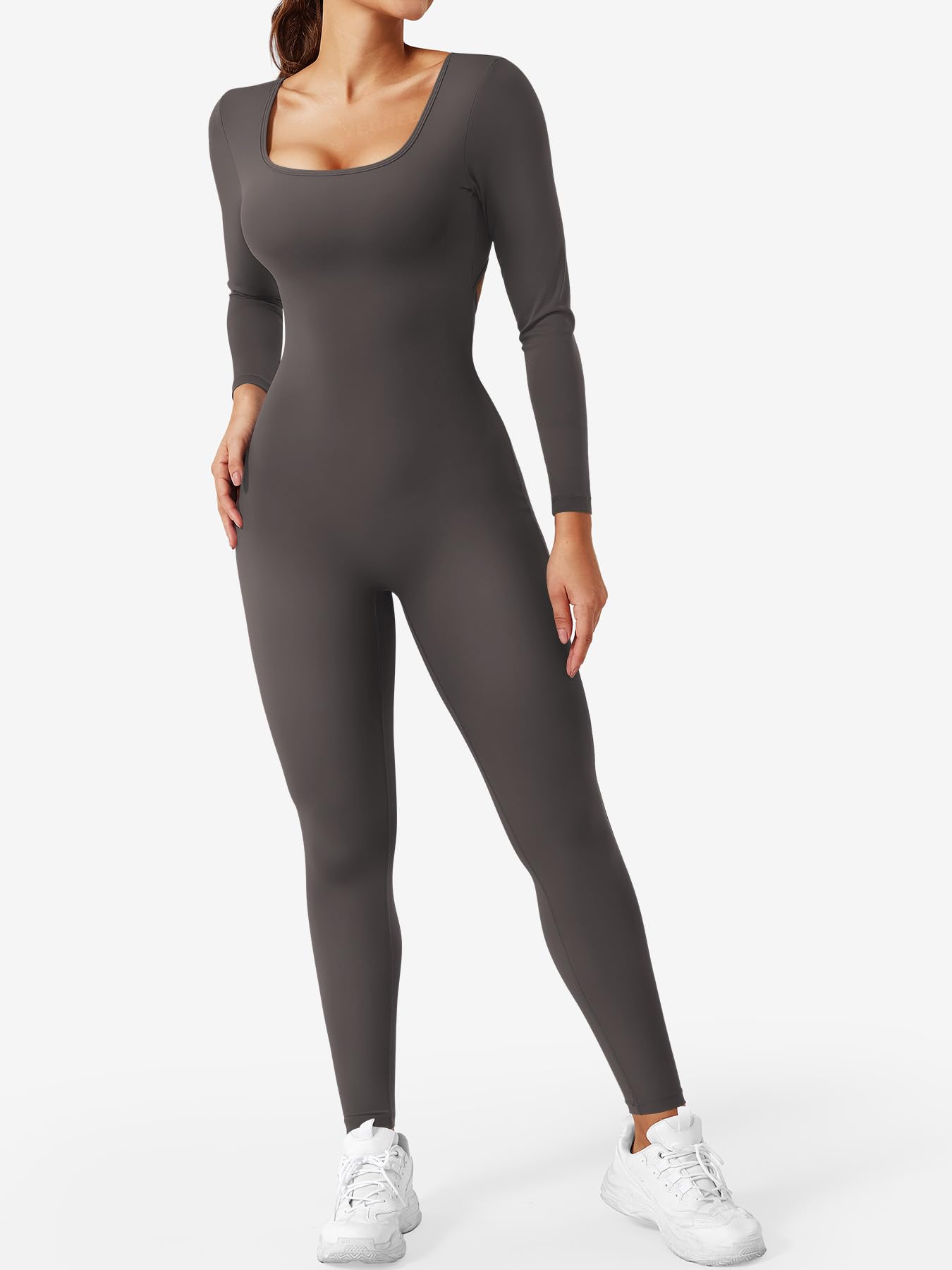 YEOREO Long Sleeve Jumpsuits for Women V Back Bodysuit Workout Full Length Bodycon Scrunch Leggings One Piece Romper