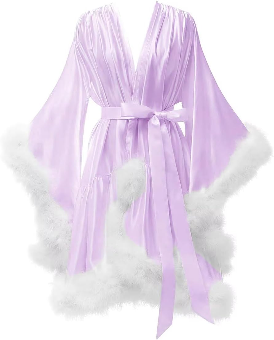 Yexinbridal Feather Fur Robe Silk Satin Bridal Dressing Gown Sexy Illusion Lingerie Nightgown Bathrobe Sleepwear