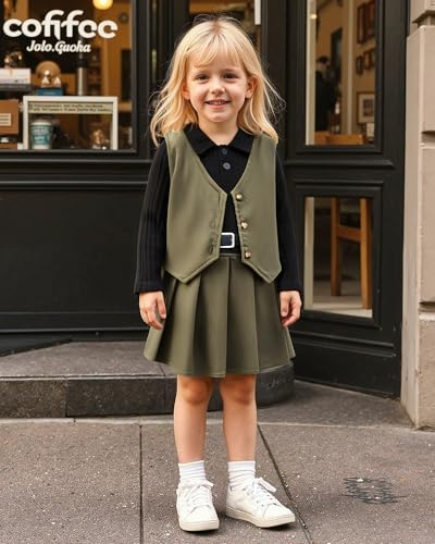 HINTINA Toddler Little Girl Sleeveless Button Vest Ribbed Long Sleeve Collar Top And Pleated Skirt With Belt
