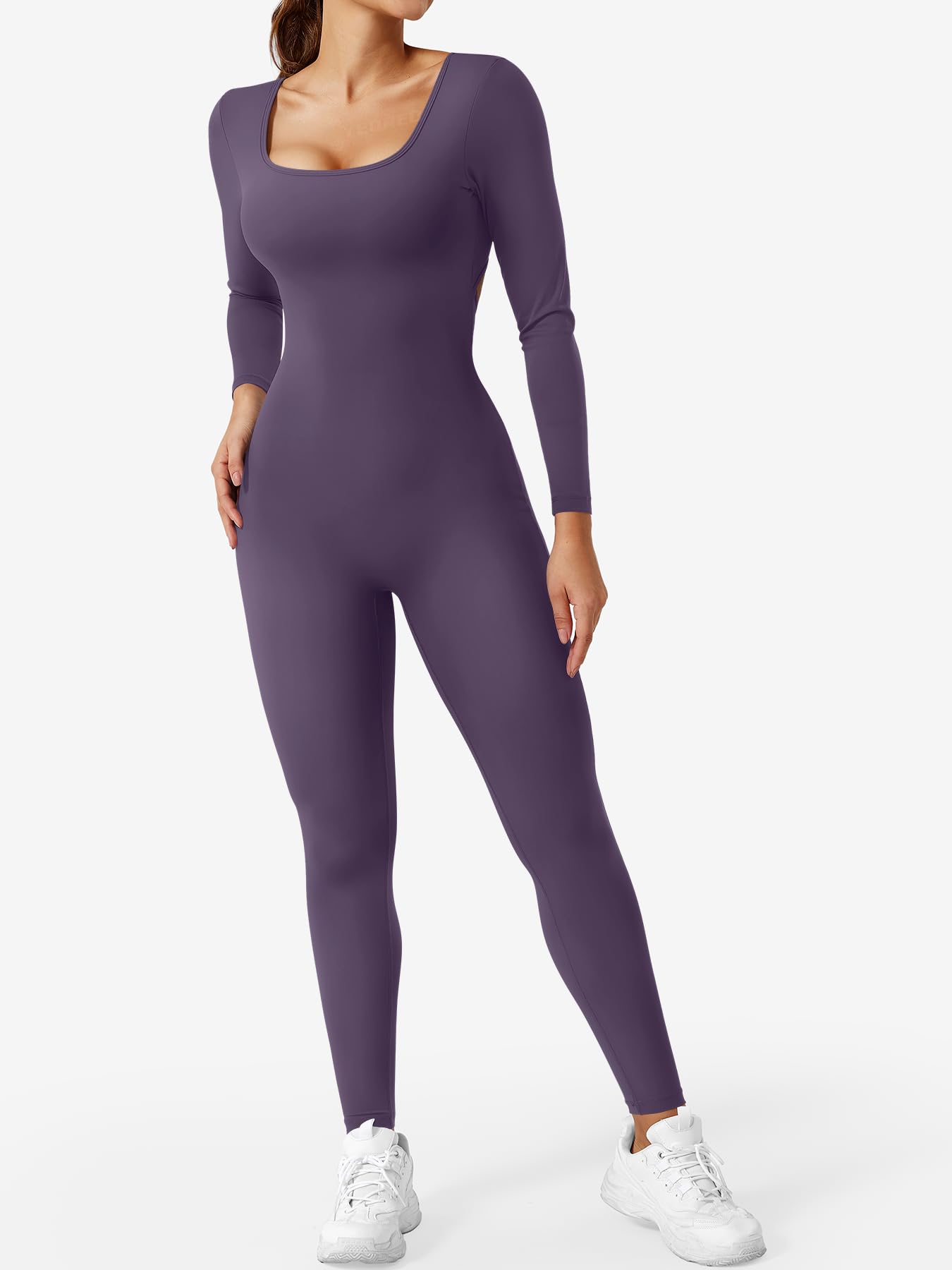 YEOREO Long Sleeve Jumpsuits for Women V Back Bodysuit Workout Full Length Bodycon Scrunch Leggings One Piece Romper