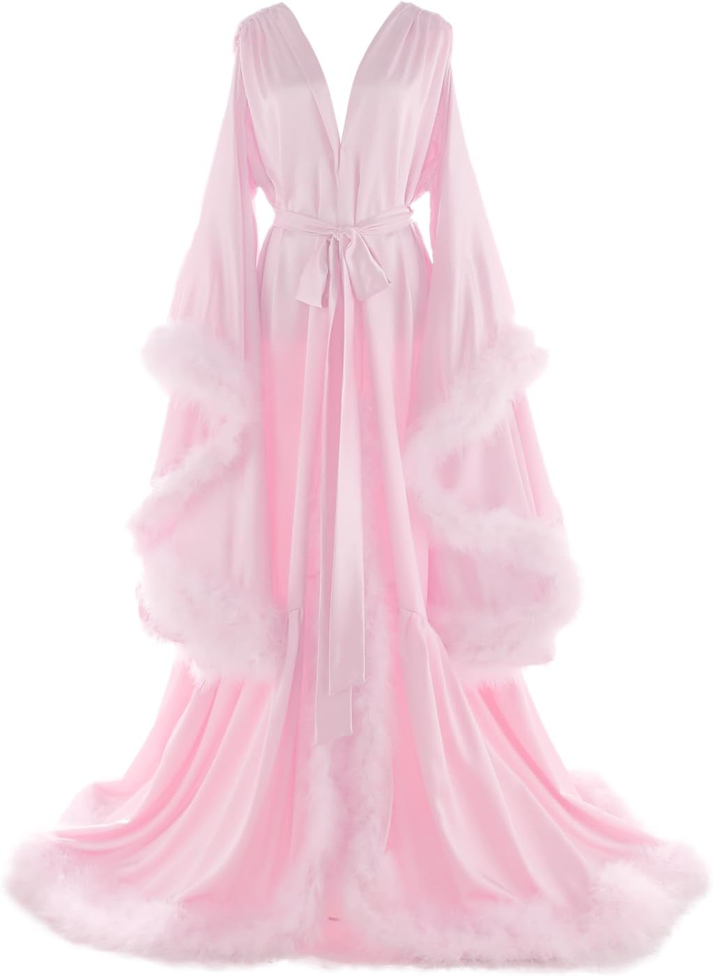 Women's Feather Bridal Robes Old Hollywood Maternity Photoshoot Nightgown Silk Bathrobe Long Lingerie