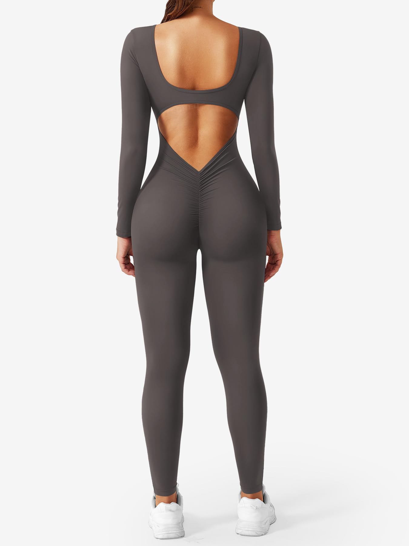 YEOREO Long Sleeve Jumpsuits for Women V Back Bodysuit Workout Full Length Bodycon Scrunch Leggings One Piece Romper