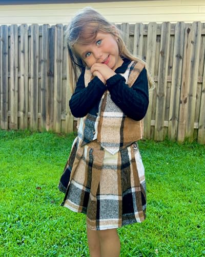 HINTINA Toddler Little Girl Sleeveless Button Vest Ribbed Long Sleeve Collar Top And Pleated Skirt With Belt