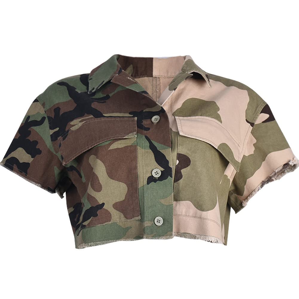 Womens Summer Cute Camo Button Down Cropped Jean Jacket Casual Lapel Outwear Denim Shirts Blouse Top
