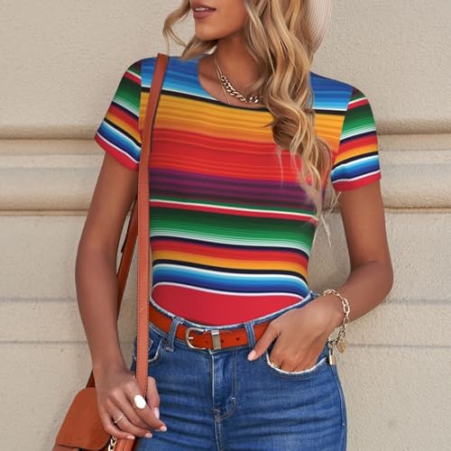 Serape Rainbow Stripes Mexican Pattern Women’s Short Sleeve Bodysuit Round Neck Onesie Stretchy One-Piece Jumpsuit