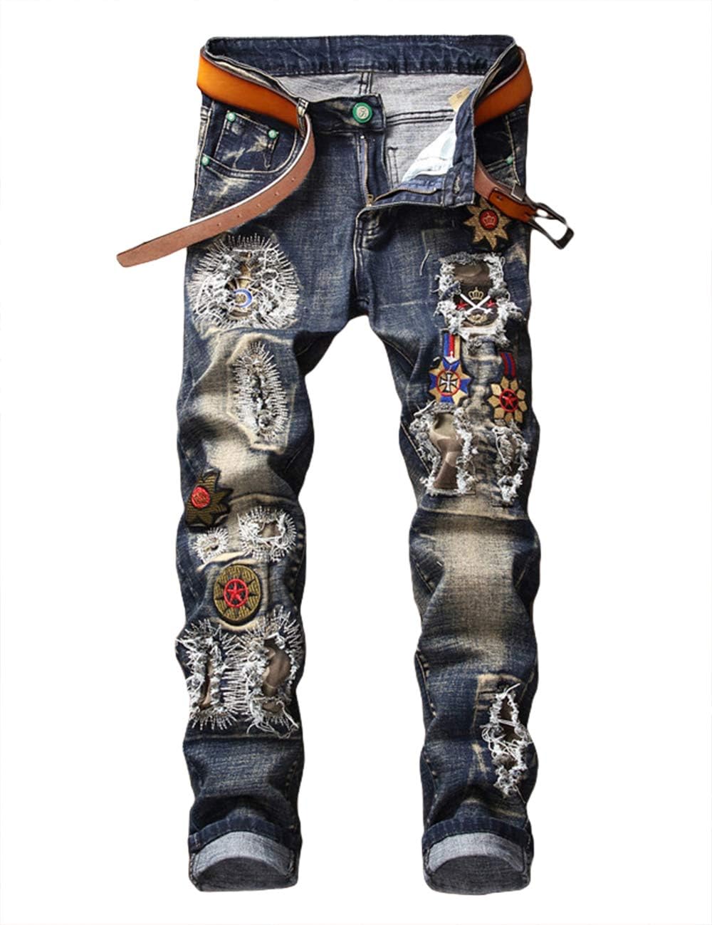 Enrica Men's Ripped Straight Slim Moto Biker Jeans