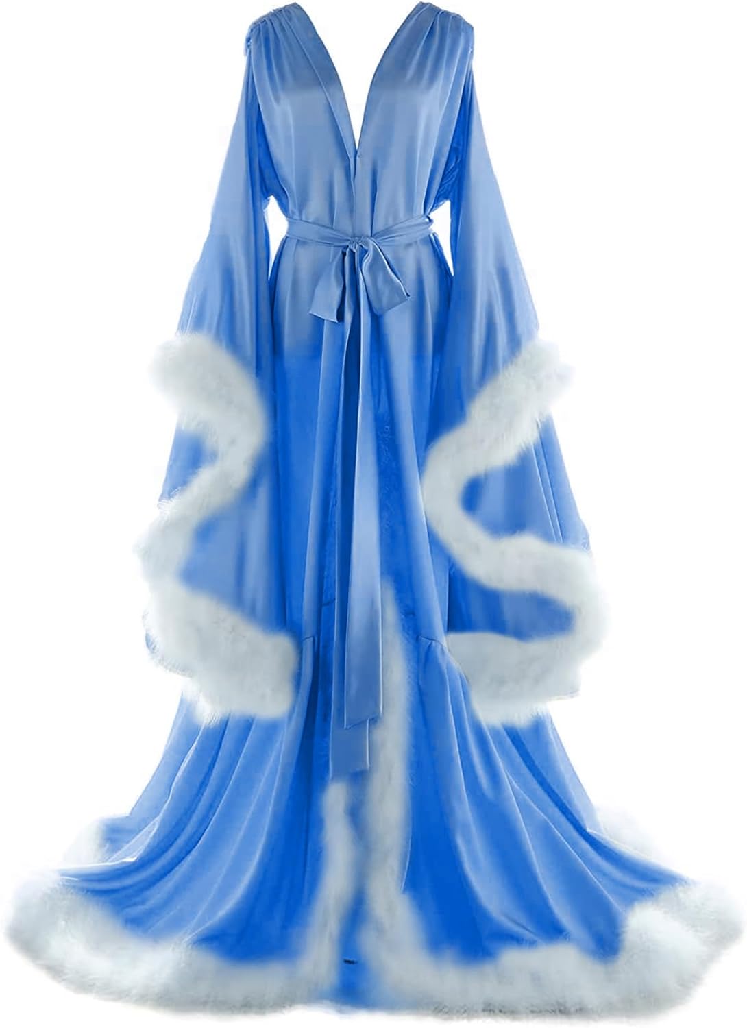 Women's Feather Bridal Robes Old Hollywood Maternity Photoshoot Nightgown Silk Bathrobe Long Lingerie