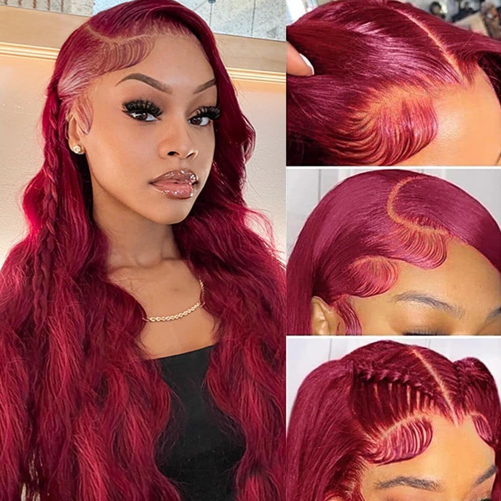 28 Inch 99j Burgundy Lace Front Wigs Human Hair Red Burgundy Wig Human Hair 180% Density 13x6 Body Wave Lace Front Wigs Pre Plucked Glueless Lace Front Wigs Human Hair Wigs for Women