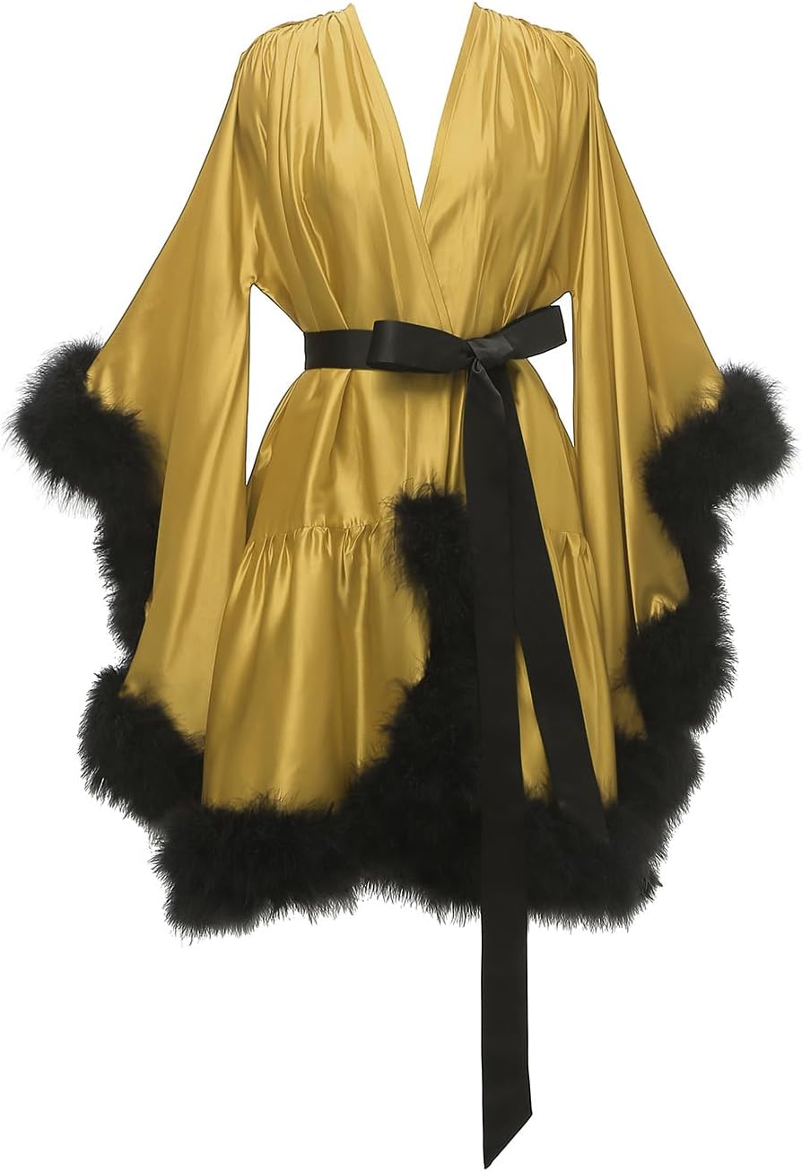 Yexinbridal Feather Fur Robe Silk Satin Bridal Dressing Gown Sexy Illusion Lingerie Nightgown Bathrobe Sleepwear